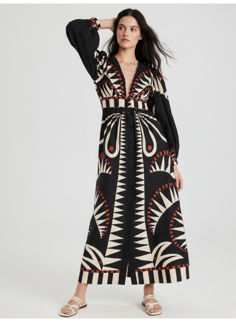 OUTZIDR Black Placement Tribal Print Shirt Maxi Dress - Image 2